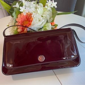 Lalique Burgundy Patent Leather Shoulder Bag, Fully Lined, Adjustable Strap